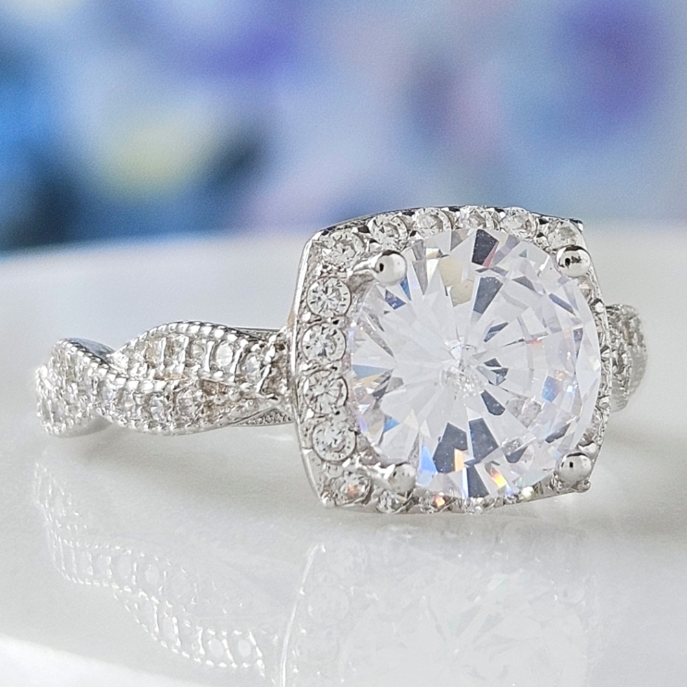 Classic Engagement Style Round Halo ring with twist band,  925 Sterling Silver